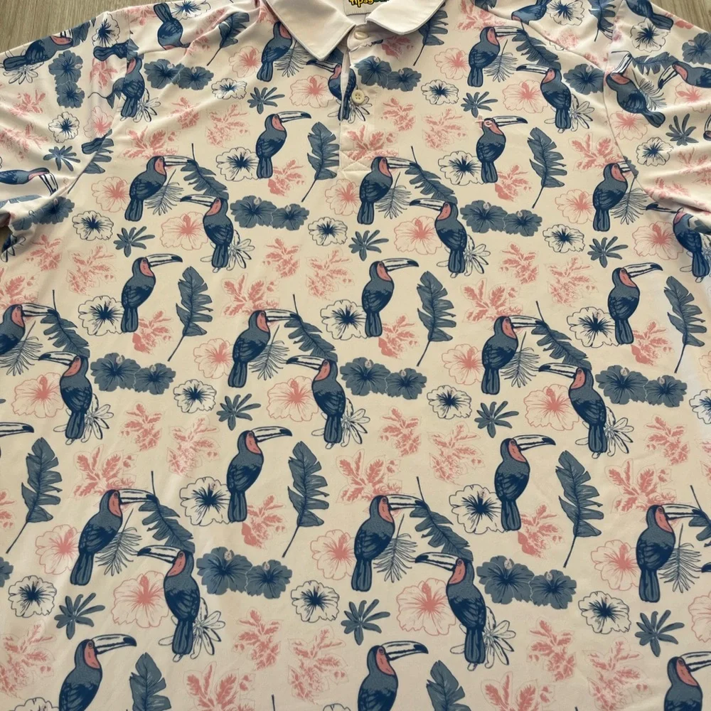Tipsy Elves Toucan Tango Performance Polo Shirt Men's 2XL Hawaiian Short Sleeve‎